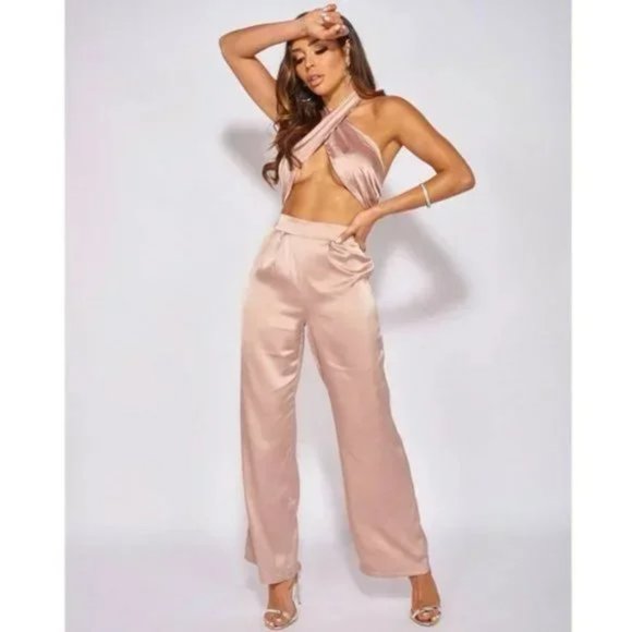 Nude Satin Silk Halter Neck Crop Top and High Waist Wide Leg Pants Two Piece Set - Picture 9 of 17